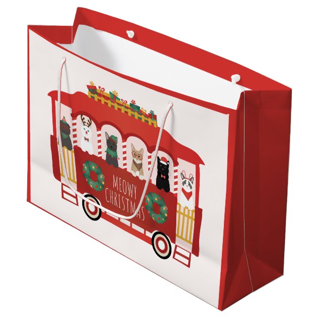 Cats Christmas Trolly Meowy Christmas Large Gift Bag (Front Angled)