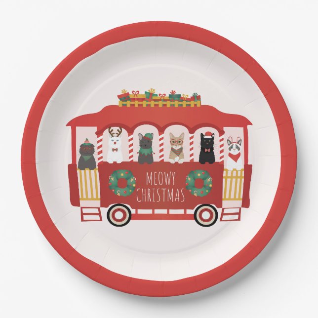 Cats Christmas Trolly Meowy Christmas Paper Plates (Front)