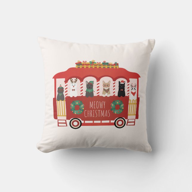 Cats Christmas Trolly Meowy Christmas Throw Pillow (Front)
