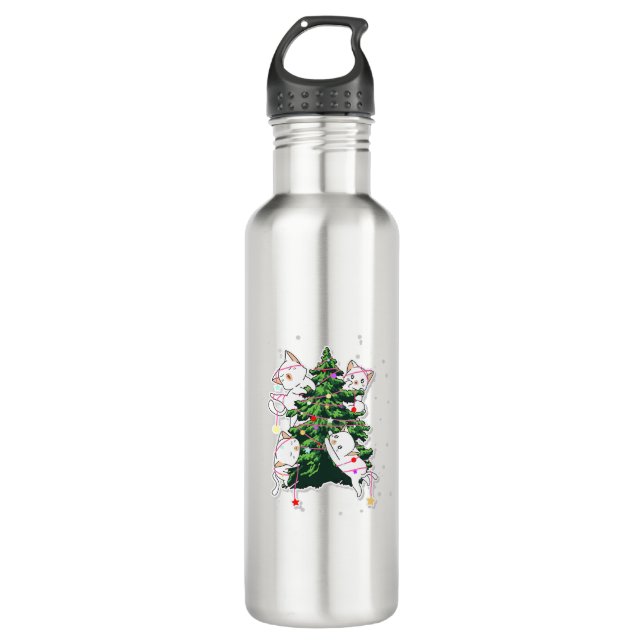 cats climbing and decorating a Christmas tree  Stainless Steel Water Bottle (Front)