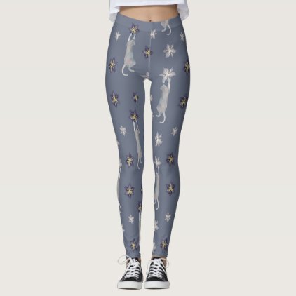 Cats climbing on flowers, blue-gray design leggings