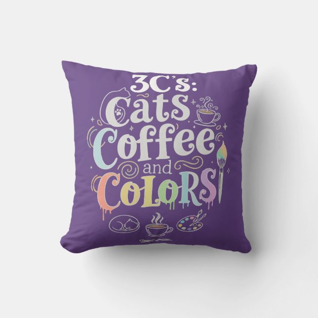 Cats Coffee and Colors Throw Pillow (Front)