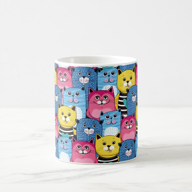 Cats Coffee Mug (A colorful mug featuring a playful pattern of cartoon cats in various colors and expressions.)