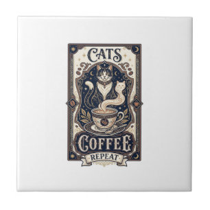 Cats Coffee Repeat Cat Coffee Vintage Vector Art S Ceramic Tile