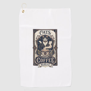 Cats Coffee Repeat Cat Coffee Vintage Vector Art S Golf Towel