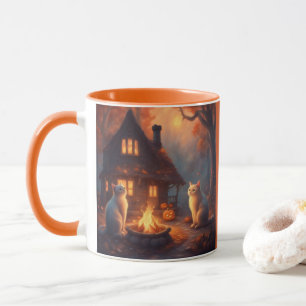 Cats cozy cabin campfire Halloween night Mug