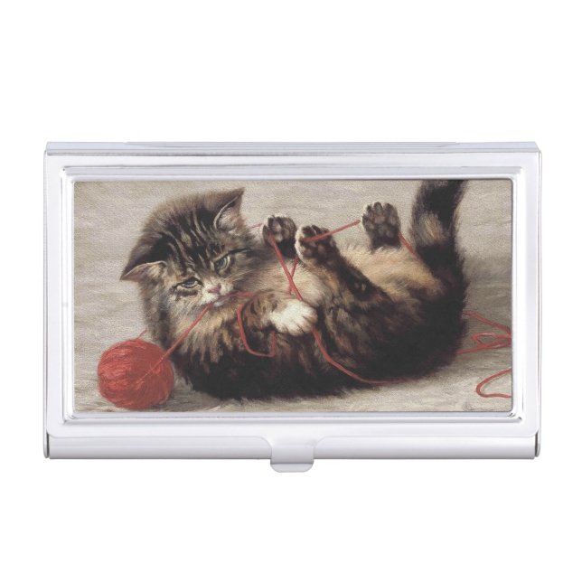 Cat's Cradle, A Cat Playing Ball of Yarn Business Card Case (Front)
