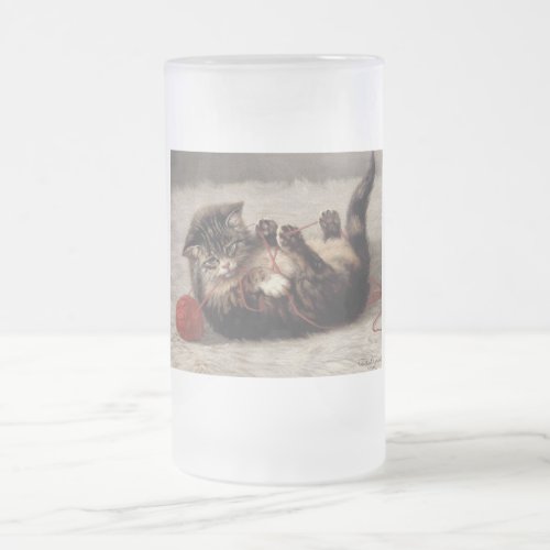 Cats Cradle A Cat Playing Ball of Yarn Frosted Glass Beer Mug