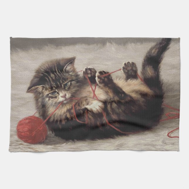 Cat's Cradle, A Cat Playing Ball of Yarn Kitchen Towel (Horizontal)