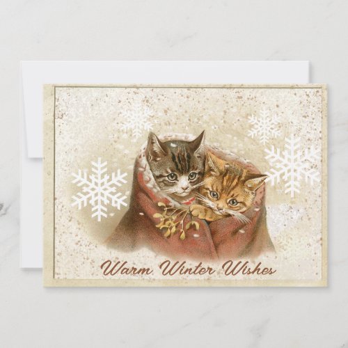 Cats Cuddled Up in the Snow Christmas Vintage Cute Holiday Card
