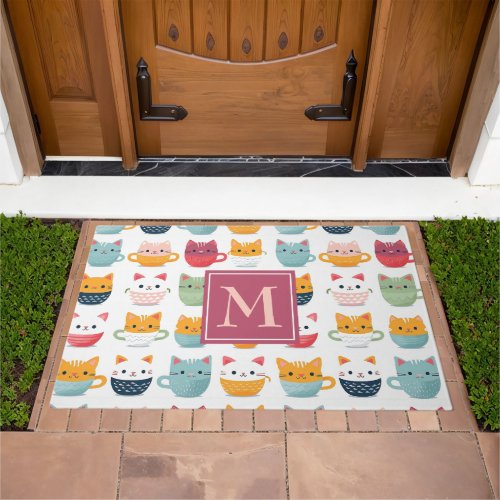 Cats Cups Colorful Kawaii Girly Pattern Doormat