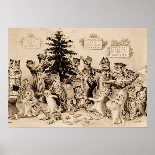 Cats Decorating Christmas Tree by Louis Wain Poster