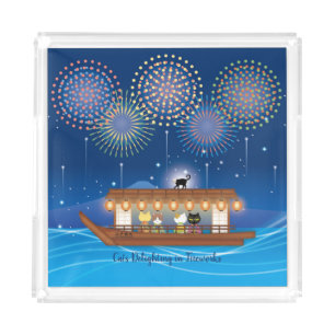 Cats Delighting in Fireworks Aboard a Houseboat Acrylic Tray