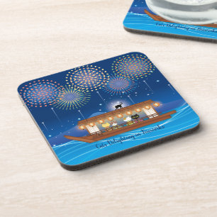 Cats Delighting in Fireworks Aboard a Houseboat Beverage Coaster