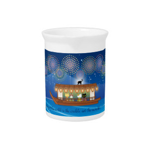 Cats Delighting in Fireworks Aboard a Houseboat Beverage Pitcher