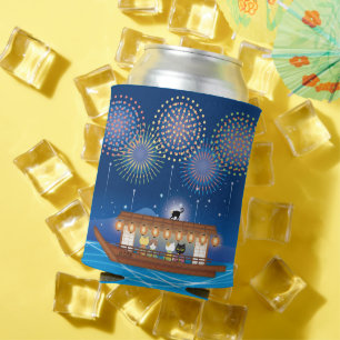 Cats Delighting in Fireworks Aboard a Houseboat Can Cooler