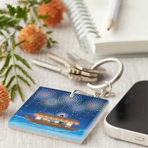 Cats Delighting in Fireworks Aboard a Houseboat Keychain