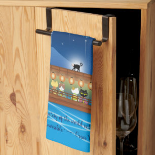 Cats Delighting in Fireworks Aboard a Houseboat Kitchen Towel