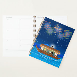 Cats Delighting in Fireworks Aboard a Houseboat Planner