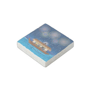 Cats Delighting in Fireworks Aboard a Houseboat Stone Magnet