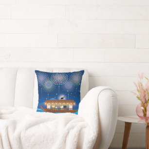Cats Delighting in Fireworks Aboard a Houseboat Throw Pillow