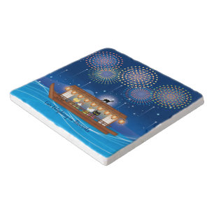Cats Delighting in Fireworks Aboard a Houseboat Trivet