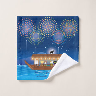 Cats Delighting in Fireworks Aboard a Houseboat Wash Cloth