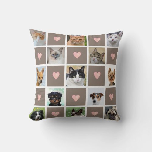 Cats  Dogs Custom Photos  Heart Pattern on Beige Throw Pillow