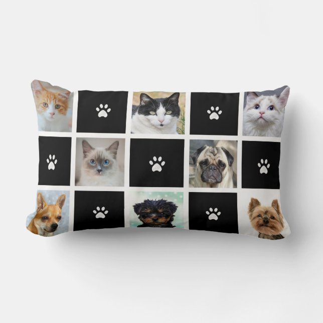 Cats & Dogs Custom Photos & Paw Pattern on Black Lumbar Pillow (Front)