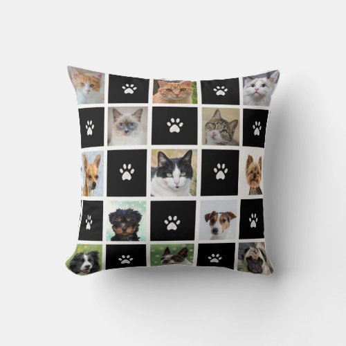 Cats  Dogs Custom Photos  Paw Pattern on Black Throw Pillow