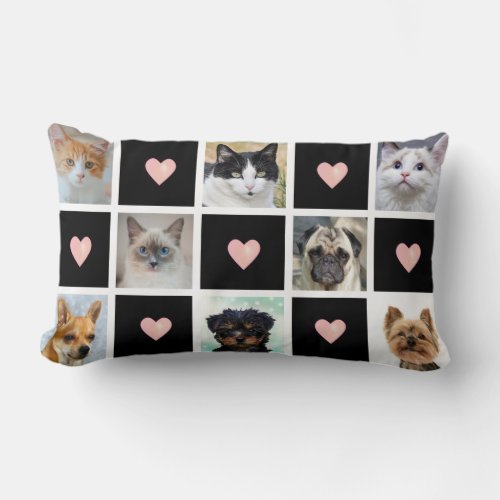 Cats  Dogs Custom Photos with Heart on Black Lumbar Pillow