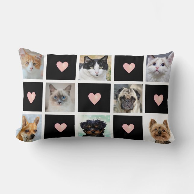 Cats & Dogs Custom Photos with Heart on Black Lumbar Pillow (Front)