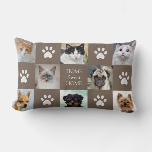 Cats  Dogs Custom Photos with Paws on Lucky Beige Lumbar Pillow