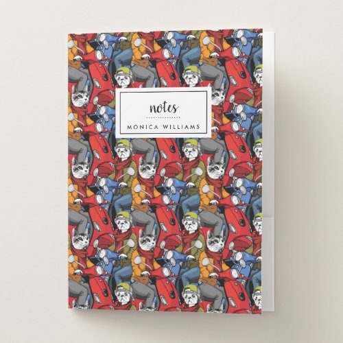 Cats  Dogs Scooter Pattern  Add Your Name Pocket Folder
