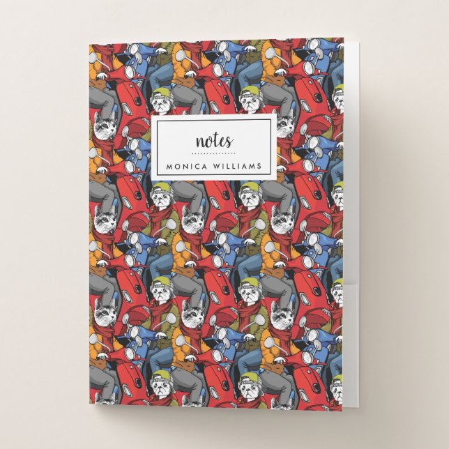Cats & Dogs Scooter Pattern | Add Your Name Pocket Folder (Front)