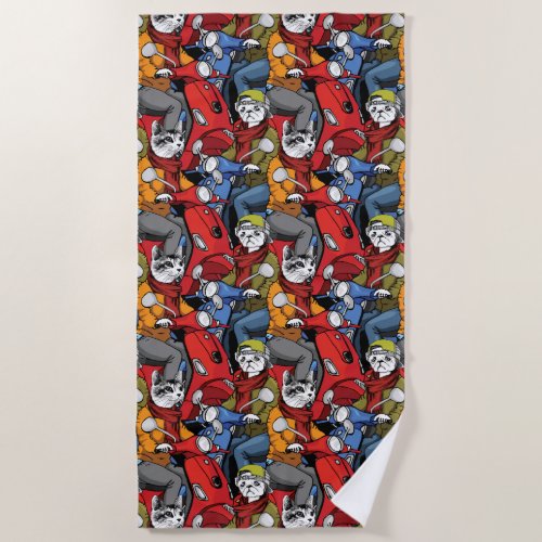 Cats  Dogs Scooter Pattern Beach Towel