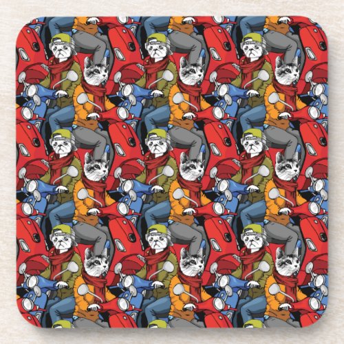 Cats  Dogs Scooter Pattern Beverage Coaster