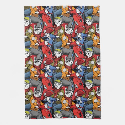 Cats  Dogs Scooter Pattern Kitchen Towel