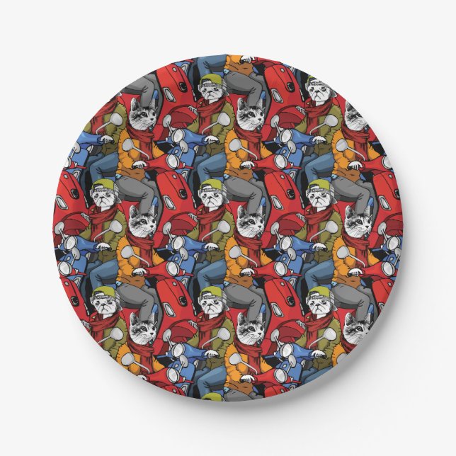 Cats & Dogs Scooter Pattern Paper Plates (Front)