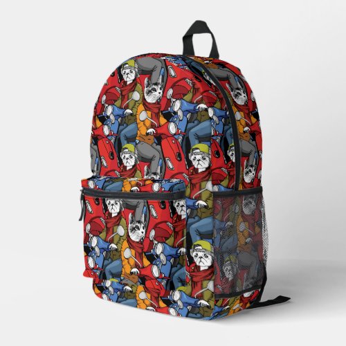 Cats  Dogs Scooter Pattern Printed Backpack