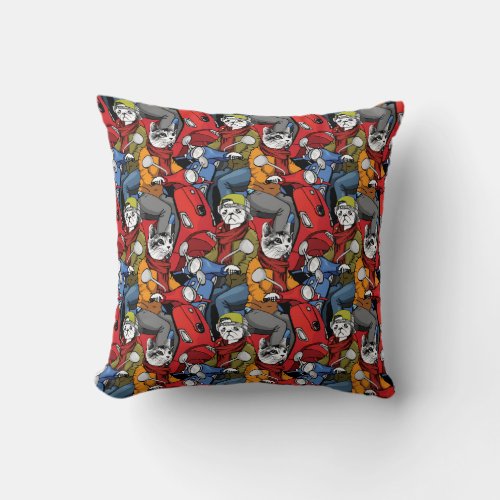 Cats  Dogs Scooter Pattern Throw Pillow
