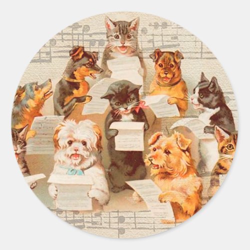 Cats  Dogs Singing Vintage Arthur Thiele Classic Round Sticker