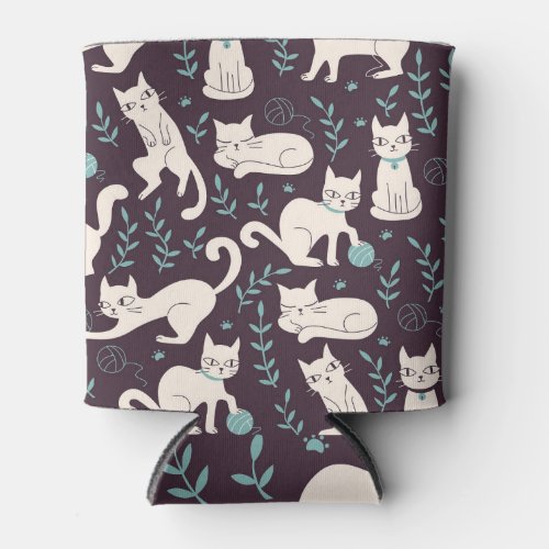 Cats Doodle Style Vintage Pattern Can Cooler