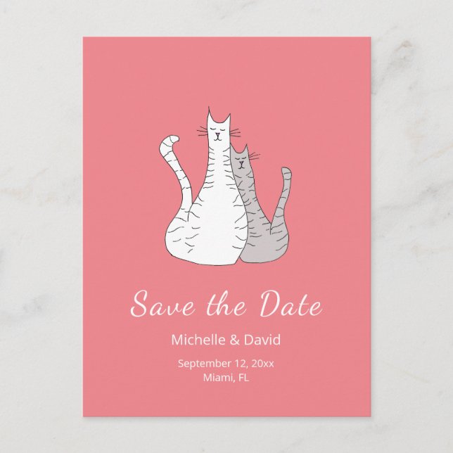 Cats Drawing Simple Wedding Save the Date Pink Announcement Postcard (Front)