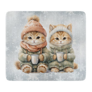 Cats Drinking Hot Chocolate in the Snow Cutting Board