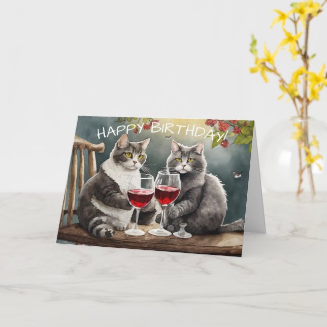 Cats Drinking Wine Birthday Card! Card (Yellow Flower)