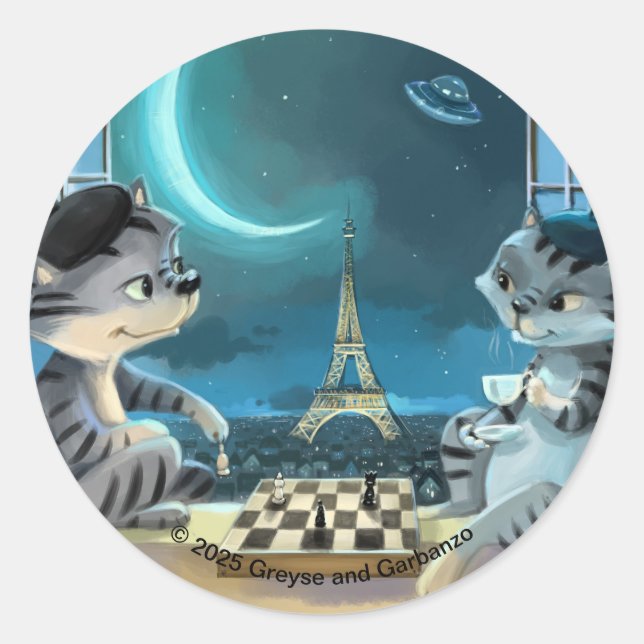 Cats Eiffel Tower - Night Classic Round Stickers (Front)