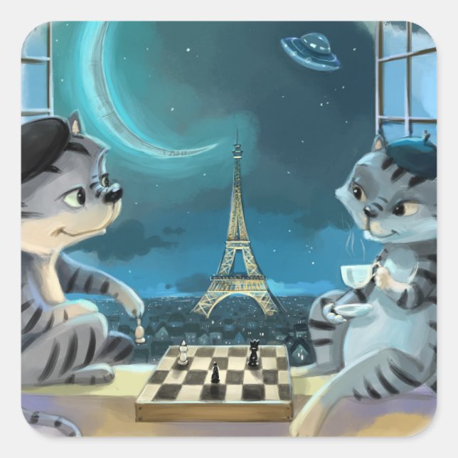 Cats Eiffel Tower - Night Classic Square Stickers (Front)