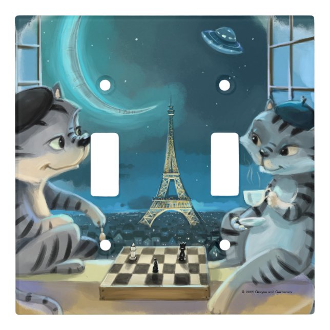 Cats Eiffel Tower -Night Double Light Switch Plate (Front)