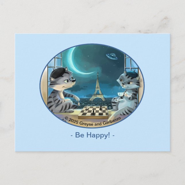 Cats Eiffel Tower -  Night Happy Postcard (Front)